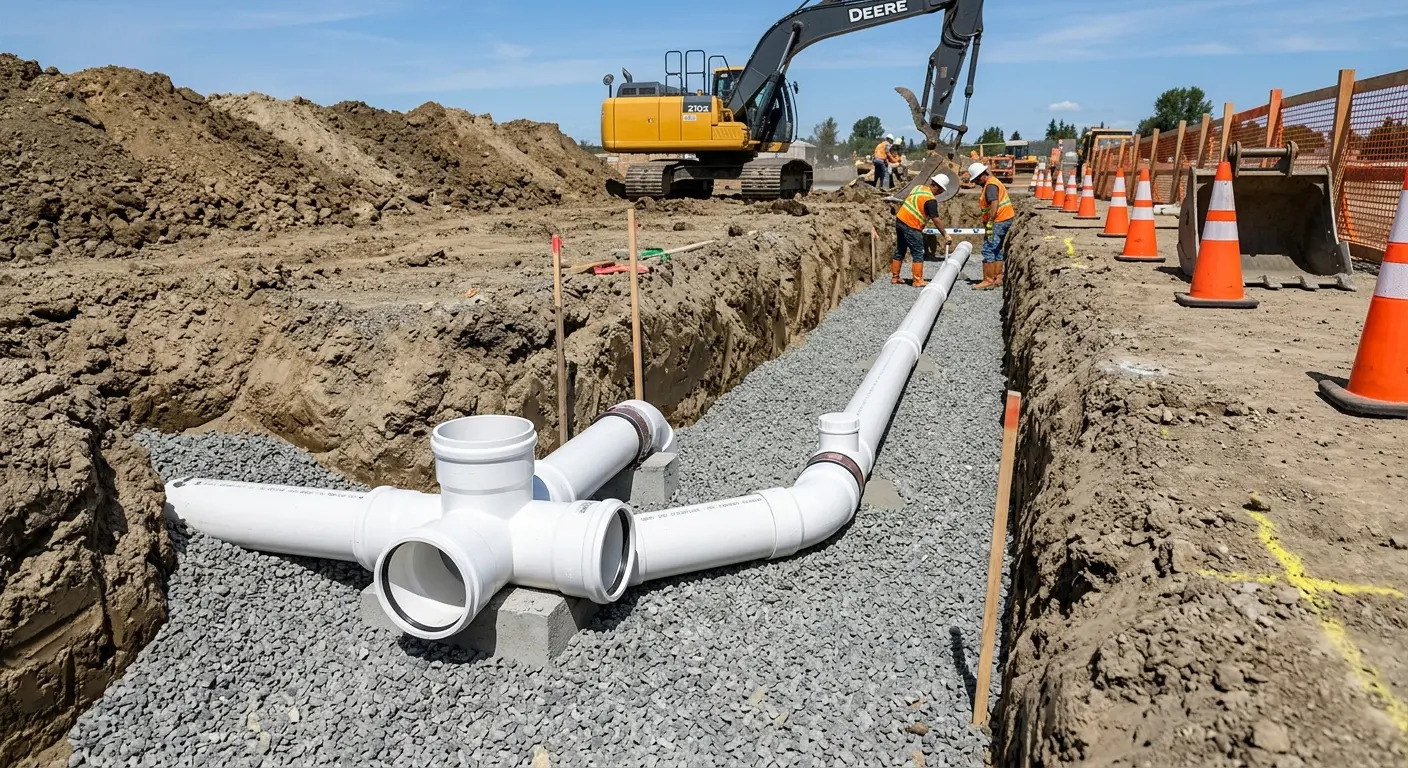New PVC sewer pipe installation in open trench for Commercial Drain Cleaning in Weirton