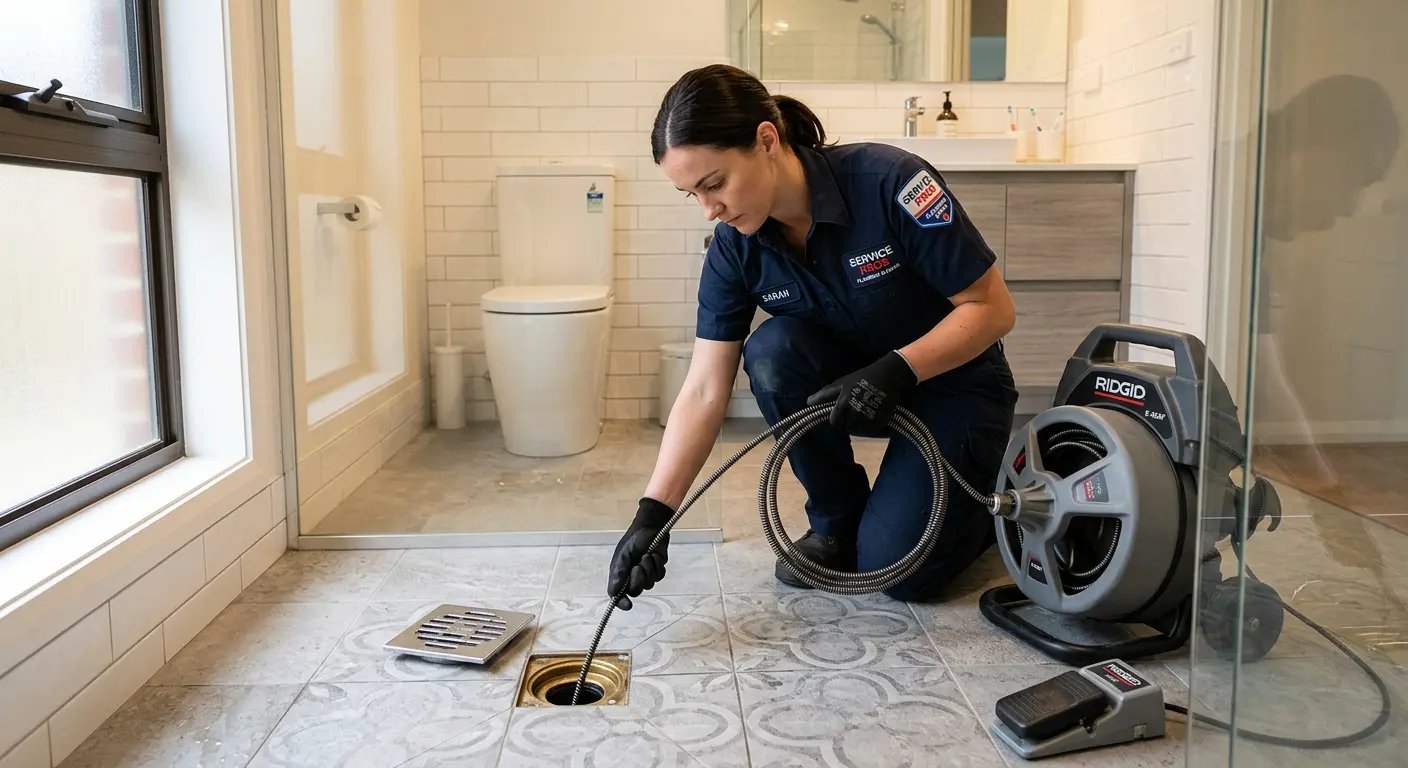 Technician clearing a bathroom floor drain for Drain Cleaning in Weirton
